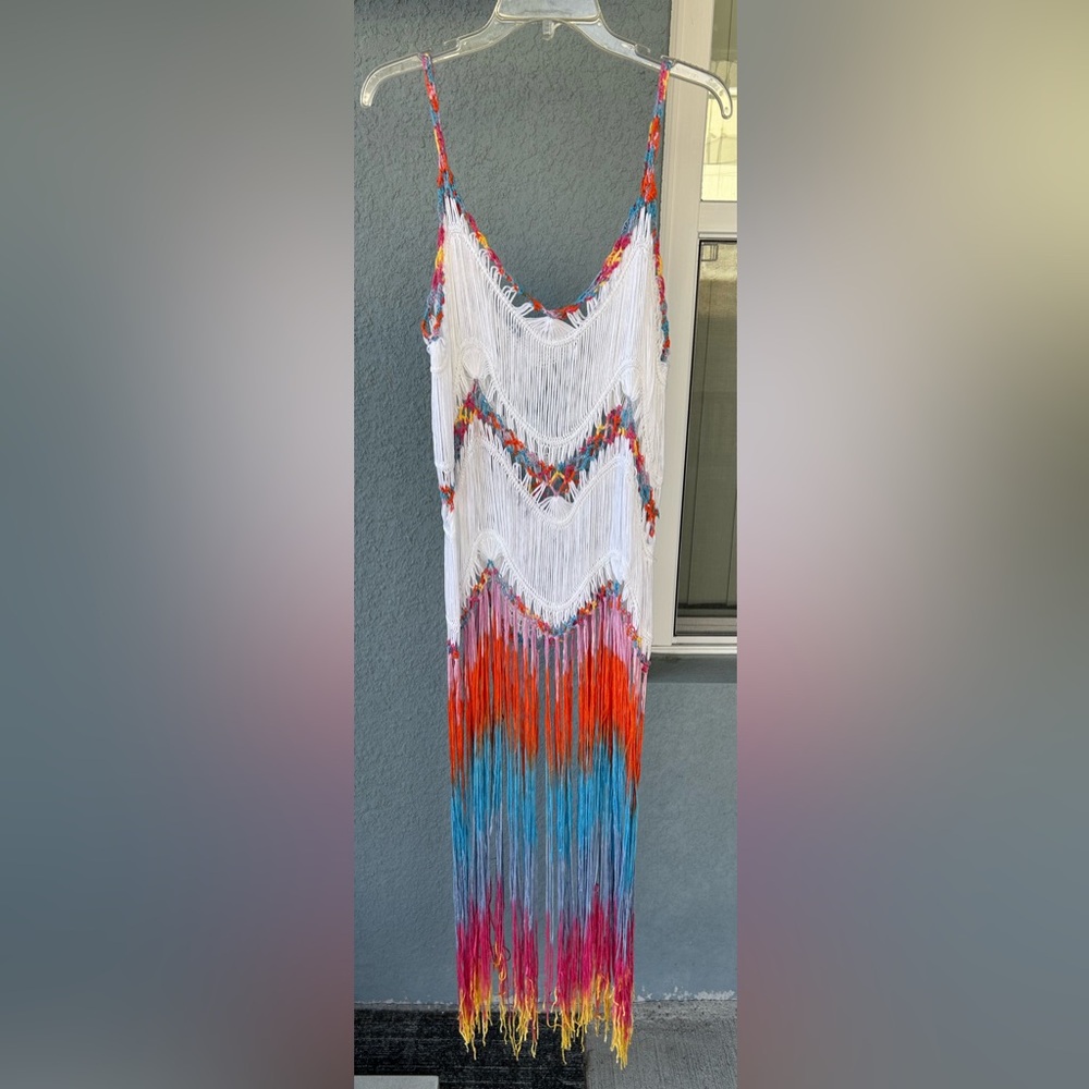 Women’s Crochet Pool Cover Up Long Fringe Coachella 3X/Fits Like 2X Festival